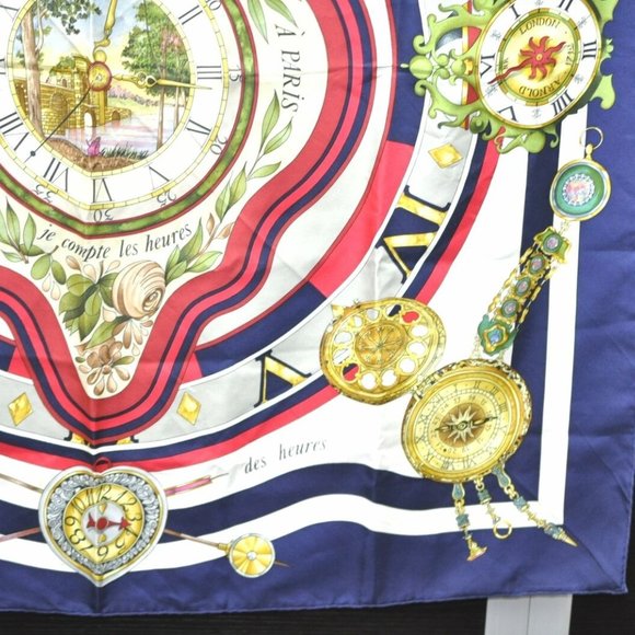 HERMES Carre 90 Scarf "parmi les fleurs je compte les heures" Silk Navy - Picture 8 of 13